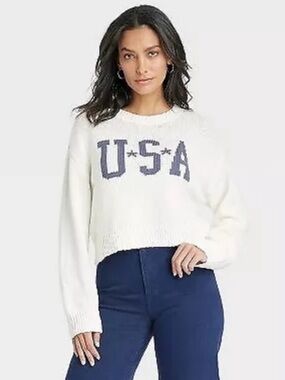 Grayson Threads White Cropped Sweater with Navy USA Lettering 60% cotton